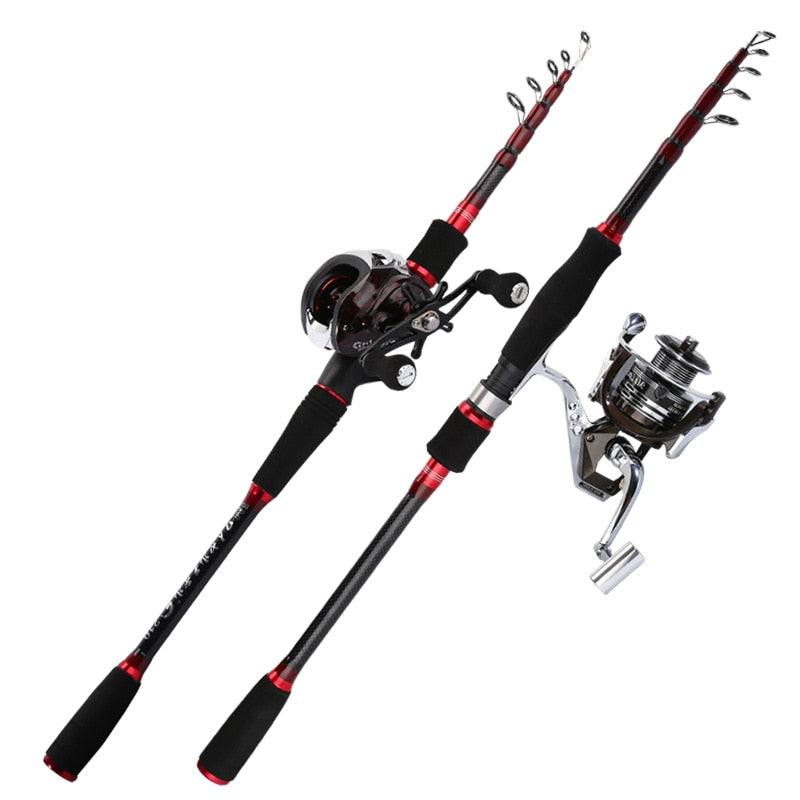 NEW 1.8m-2.7m red beginner Rod Reel Combos Portable telescopic carbon  Casting Rod Baitcasting Reel set Northern Pike fish pole - AliExpress