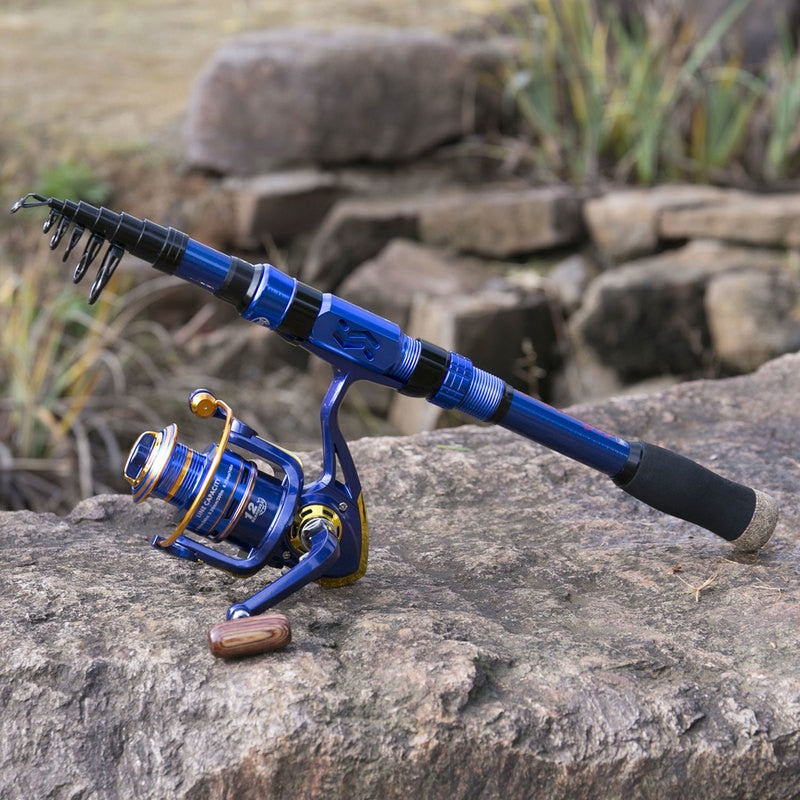 Blusea Fishing Rod Reel Combo Full Kit 59in Telescopic Fishing Rod Reel Set with Hooks Soft Lures Barrel Swivels Storage Bag, Blue